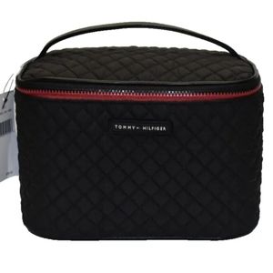 NEW Tommy Hilfiger Cosmetic Case Bag Makeup Travel Train Case Black Quilted